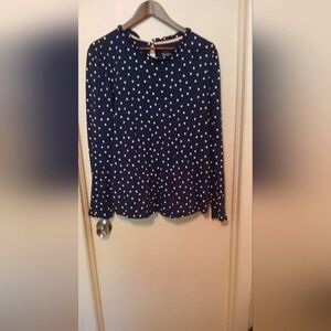 Boden Ruffle Neck Navy Polka Dot Top Size 16/18